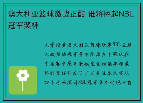 澳大利亚篮球激战正酣 谁将捧起NBL冠军奖杯